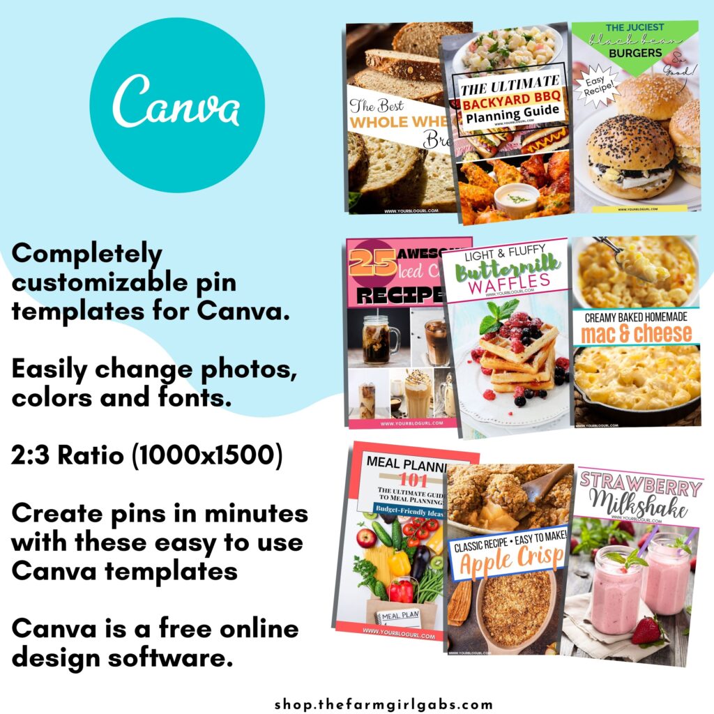 These Pinterest templates are easy to use and completely customizable in Canva. Easily change photos, colors and fonts. These templates are 2:3 Ratio (1000 x 1500). Easily create pins in minutes with these easy to use Canva templates. Canva is a free online design software.