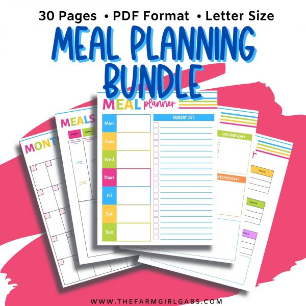 This Printable Meal Planner Bundle will help organize your meals, grocery shopping and cooking needs. This 30-page meal planner will save you time in the kitchen too.