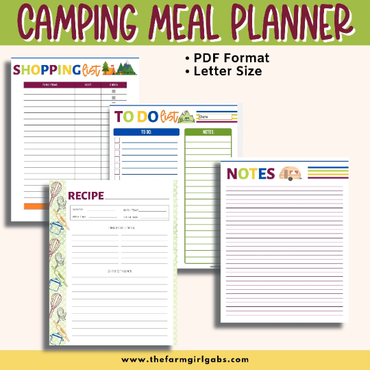 This Printable Camping Meal Planner Bundle will help organize your meals, grocery shopping and cooking needs for your camping trip. This 12-page meal planner will save you time in the kitchen too. This letter-sized Meal Planning Bundle Includes Cover Page Meal Planners Grocery Lists Favorite Recipe Sheets Food Budget Sheet To-Do List Note Page Recipe Card Note: This is a digital product. No physical product will be sent. You will receive a link to download this party planner after your payment is processed. Because this is a digital product, no returns or refunds will be issued. This Meal Planner will easily fit in a 3-ring binder and can be used time and time again. Simply reprint the planning pages you need for each weekly meal plan, or, store extra copies of each page in your binder.