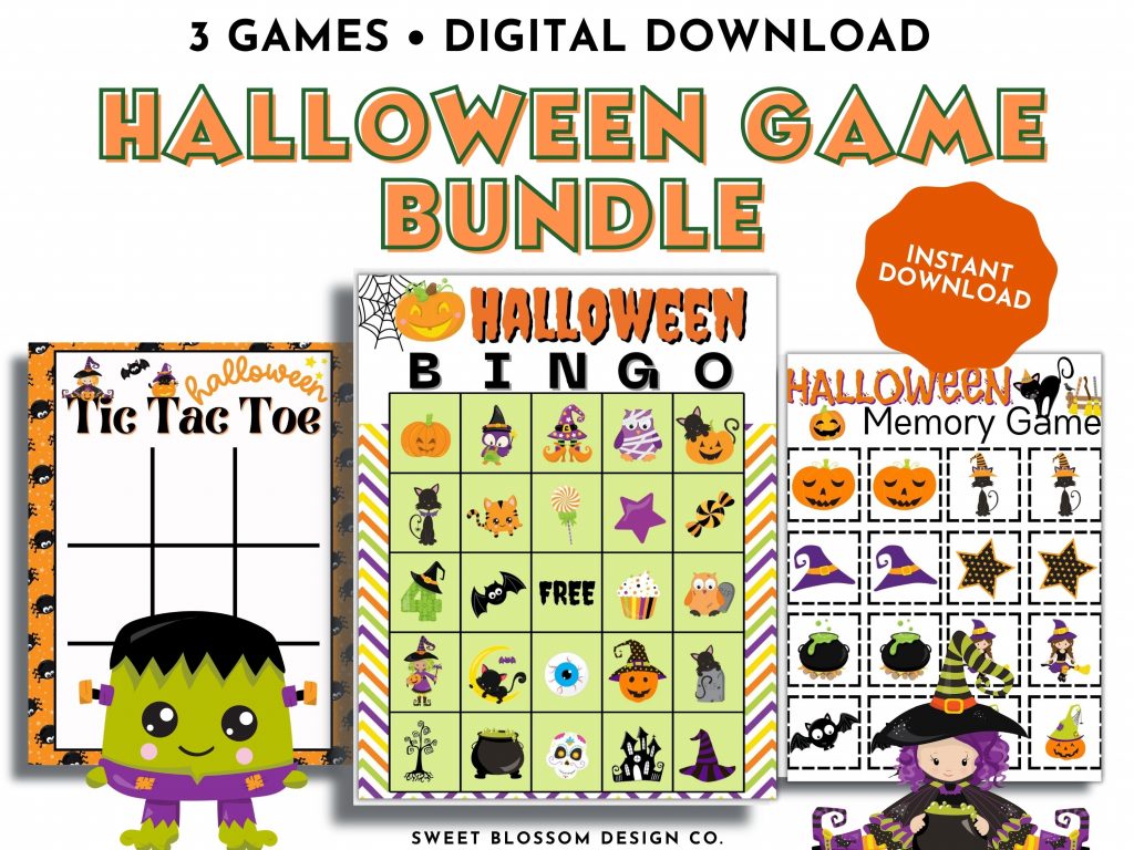 This fun Printable Halloween Game pack will keep the kids entertained for hours. This halloween activity pack includes a 30-card Bingo game, Halloween Matching Game and Halloween Tic Tac Toe.