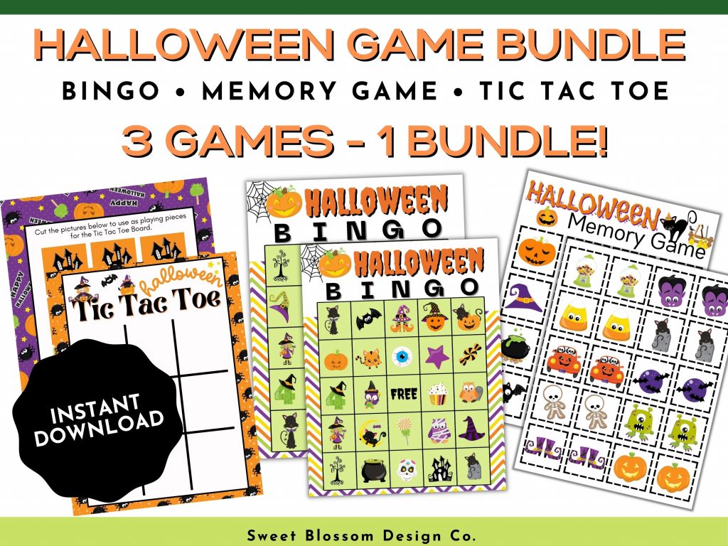 This fun Printable Halloween Game pack will keep the kids entertained for hours. This halloween activity pack includes a 30-card Bingo game, Halloween Matching Game and Halloween Tic Tac Toe.