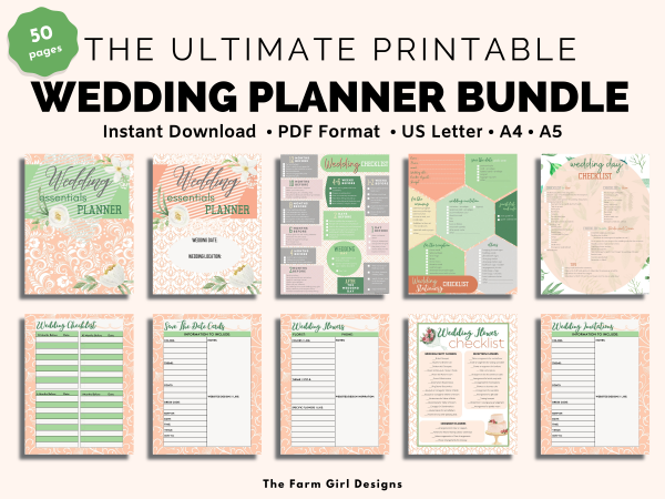 Plan the perfect wedding day. This 50-page printable wedding planner will help you keep track of all the wedding planning details. This ultimate wedding binder holds all of your planning needs for the bride and groom's big day. This instant download planner includes US Letter, A4 & A5 sizes PDF.