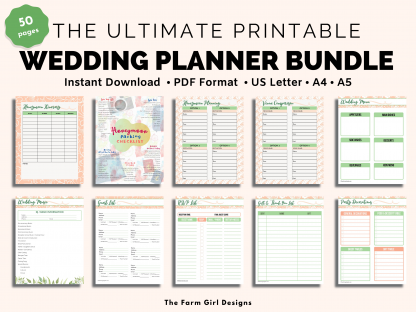 Plan the perfect wedding day. This 50-page printable wedding planner will help you keep track of all the wedding planning details. This ultimate wedding binder holds all of your planning needs for the bride and groom's big day. This instant download planner includes US Letter, A4 & A5 sizes PDF.