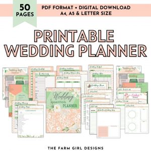 Plan the perfect wedding day. This 50-page printable wedding planner will help you keep track of all the wedding planning details.